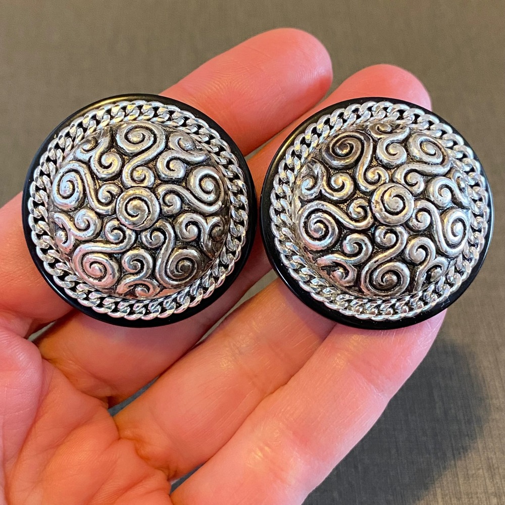 Vintage Silver Tone Clip On Earrings Scroll Repousse Black Domed Statement 1.5"